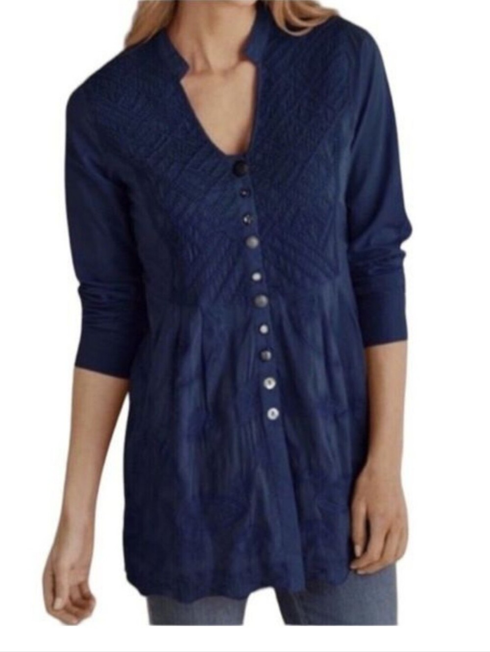 Soft Surroundings Navy Embroidered Mixed Button-Front Tunic